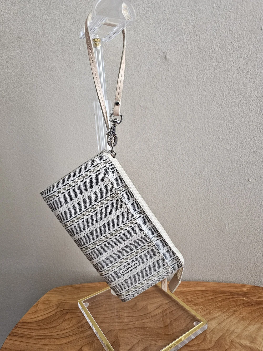 COACH Striped Wristlet in Cream and Black